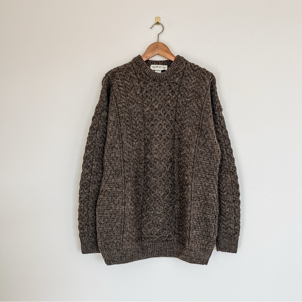 Orvis Irish Cable Knit Fisherman Sweater in Moss Brown 100% Wool XL
